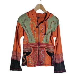 KPC Nepal Cotton Patchwork Embroidered Boho Zip Up Hoodie Orange Green Large